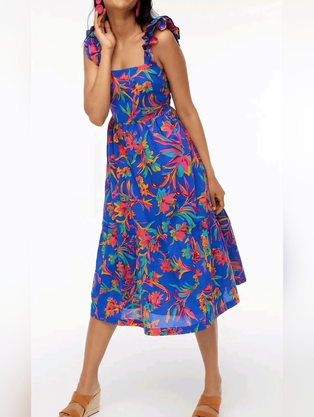 JCrew Floral Tropical Square Neck Midi Dress Blue Size XL